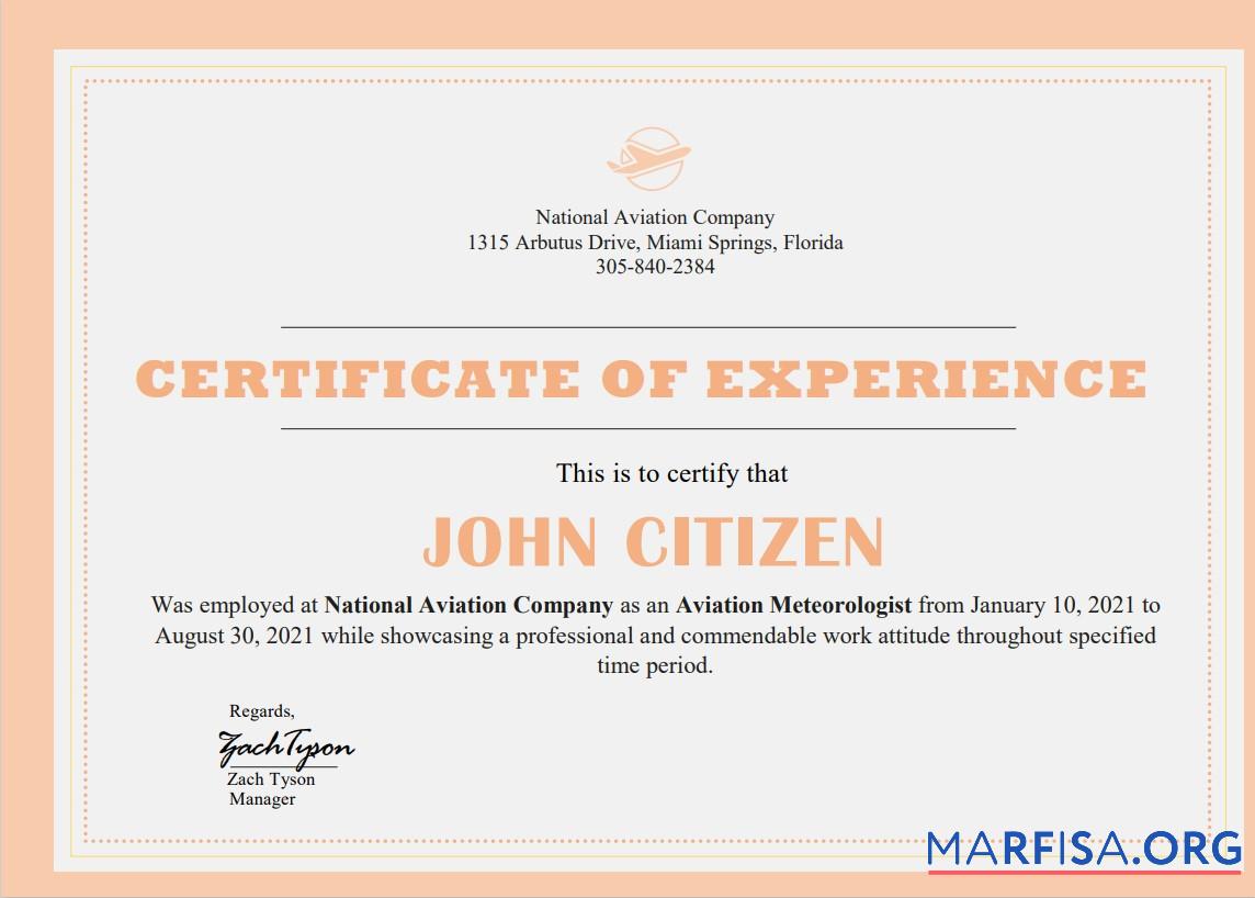 Printable USA Company Experience Cert template